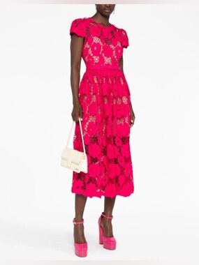 NWT Self Portrait Poppy Lace Cap Sleeve Midi Dress Red Sz US 2, UK 6